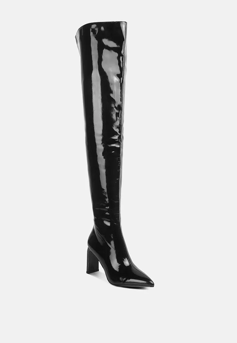 minkles patent pu long slim block heeled boots