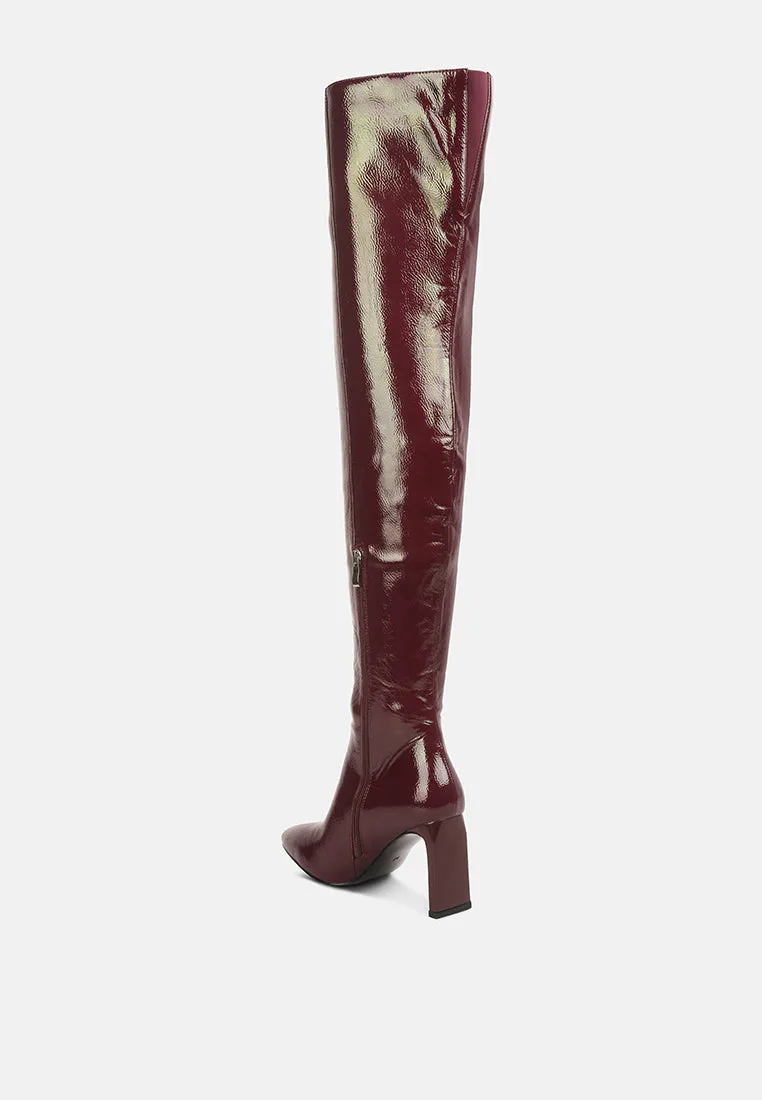 minkles patent pu long slim block heeled boots