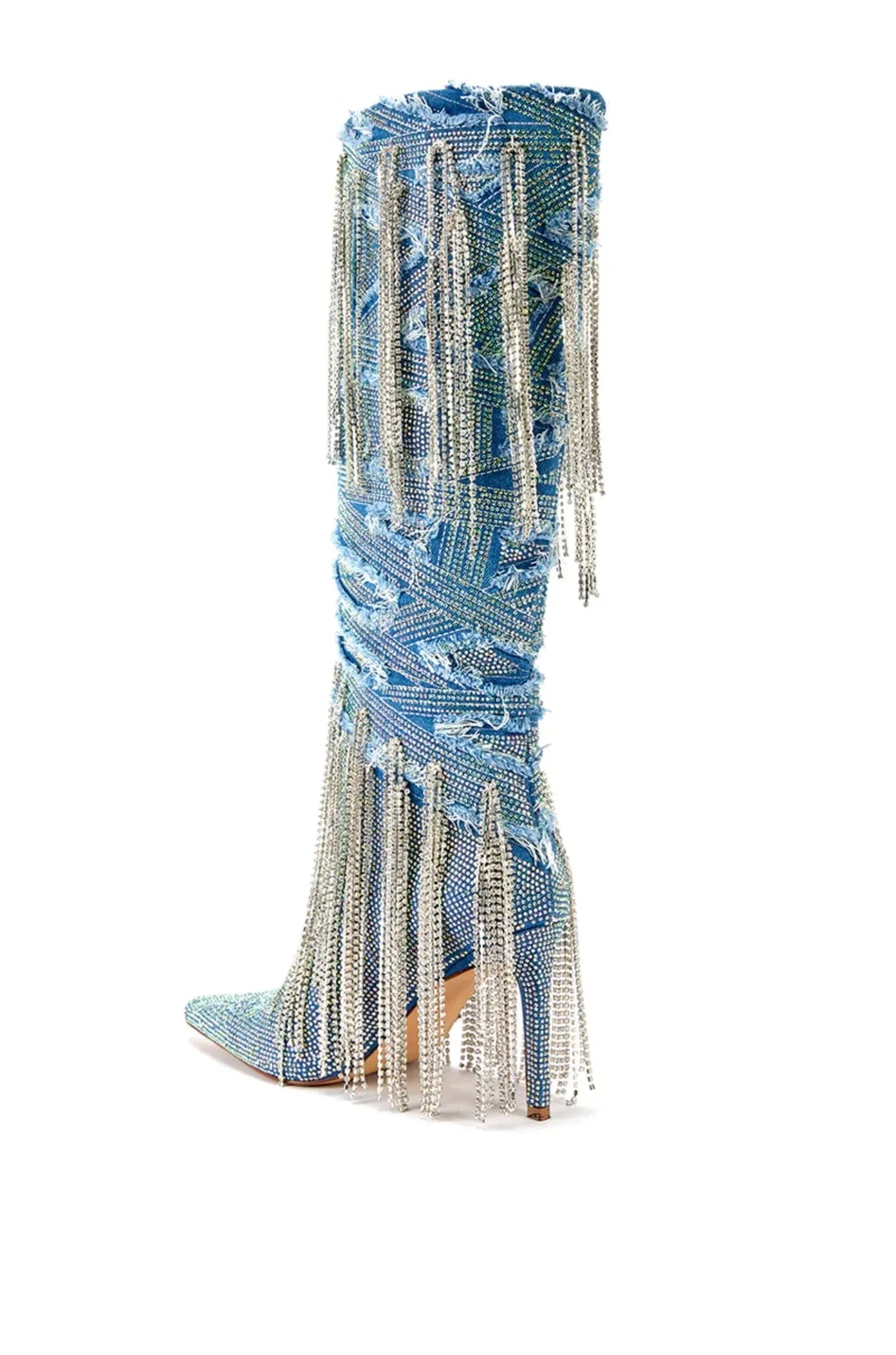 MISCHIEF-DENIM CRYSTAL TASSEL STILETTO BOOT