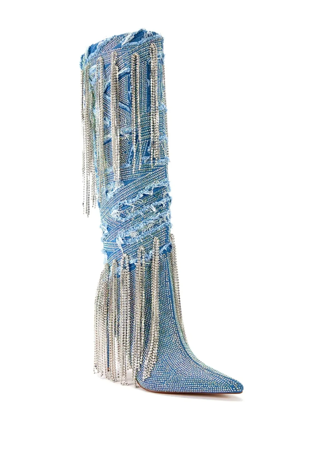 MISCHIEF-DENIM CRYSTAL TASSEL STILETTO BOOT