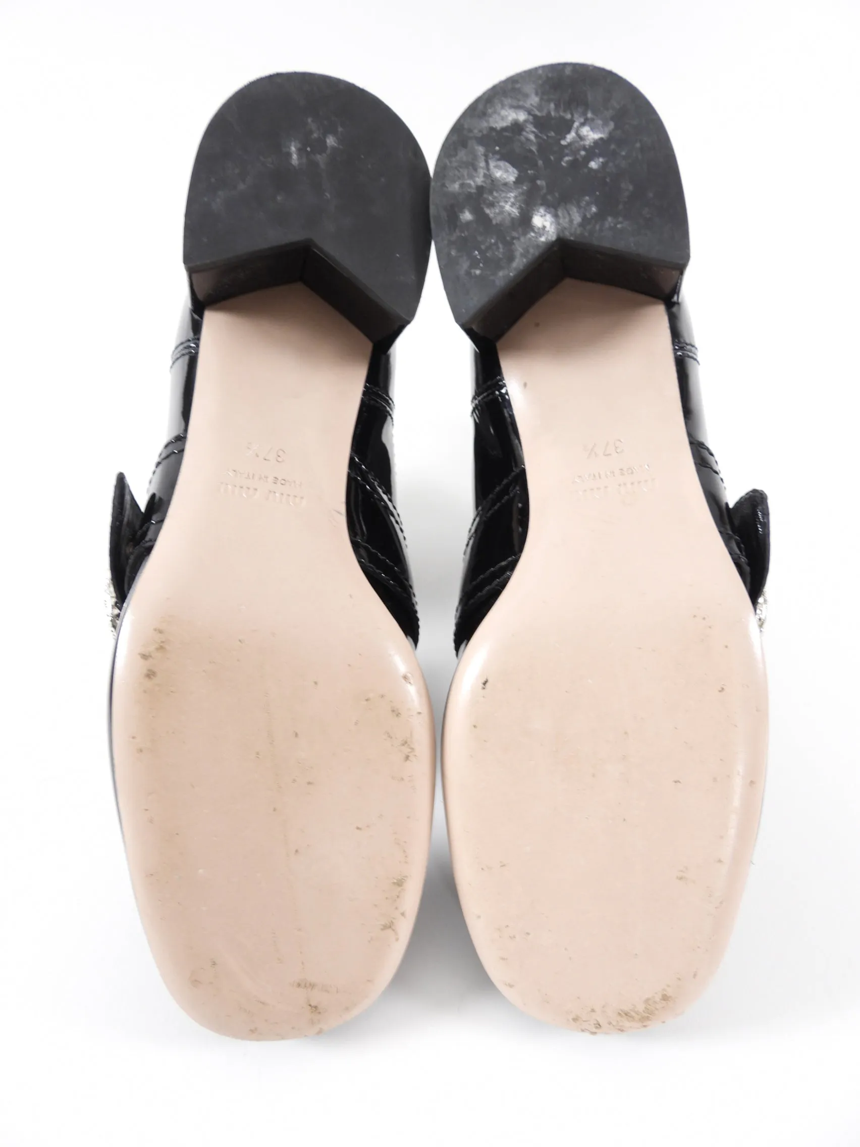 Miu Miu Black Patent Leather Crystal Block Heel Ankle Boots - 37