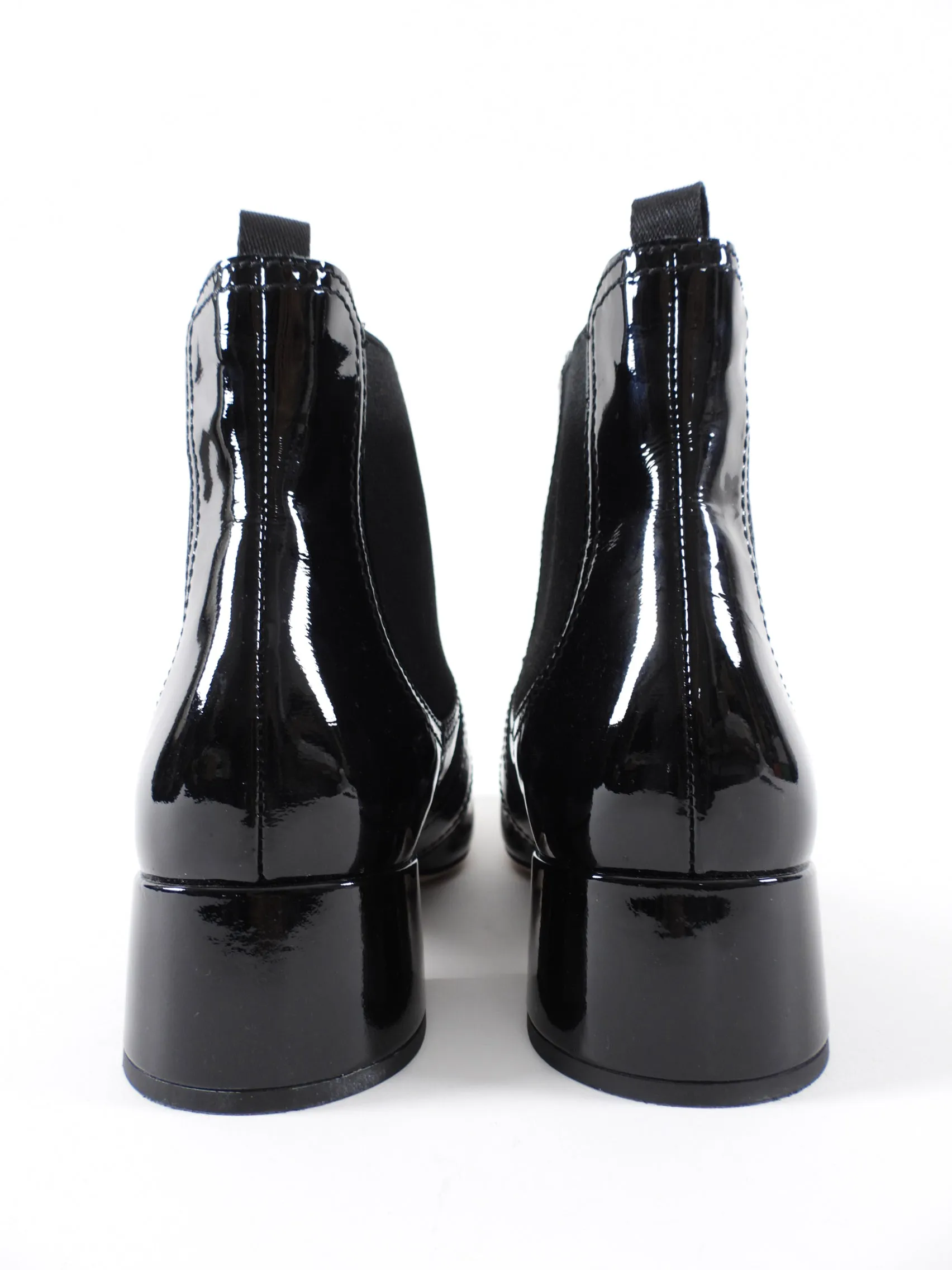Miu Miu Black Patent Leather Crystal Block Heel Ankle Boots - 37