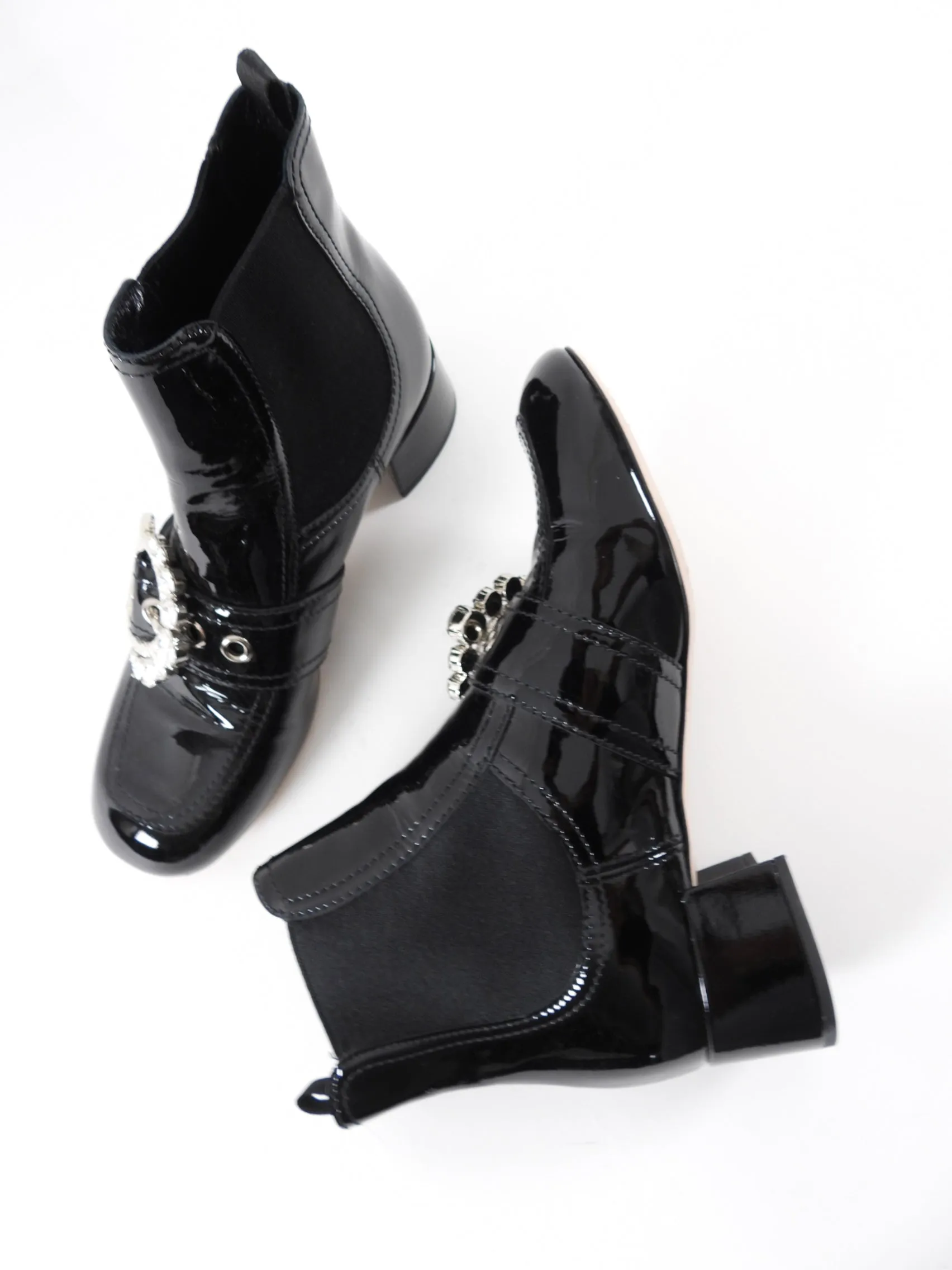 Miu Miu Black Patent Leather Crystal Block Heel Ankle Boots - 37