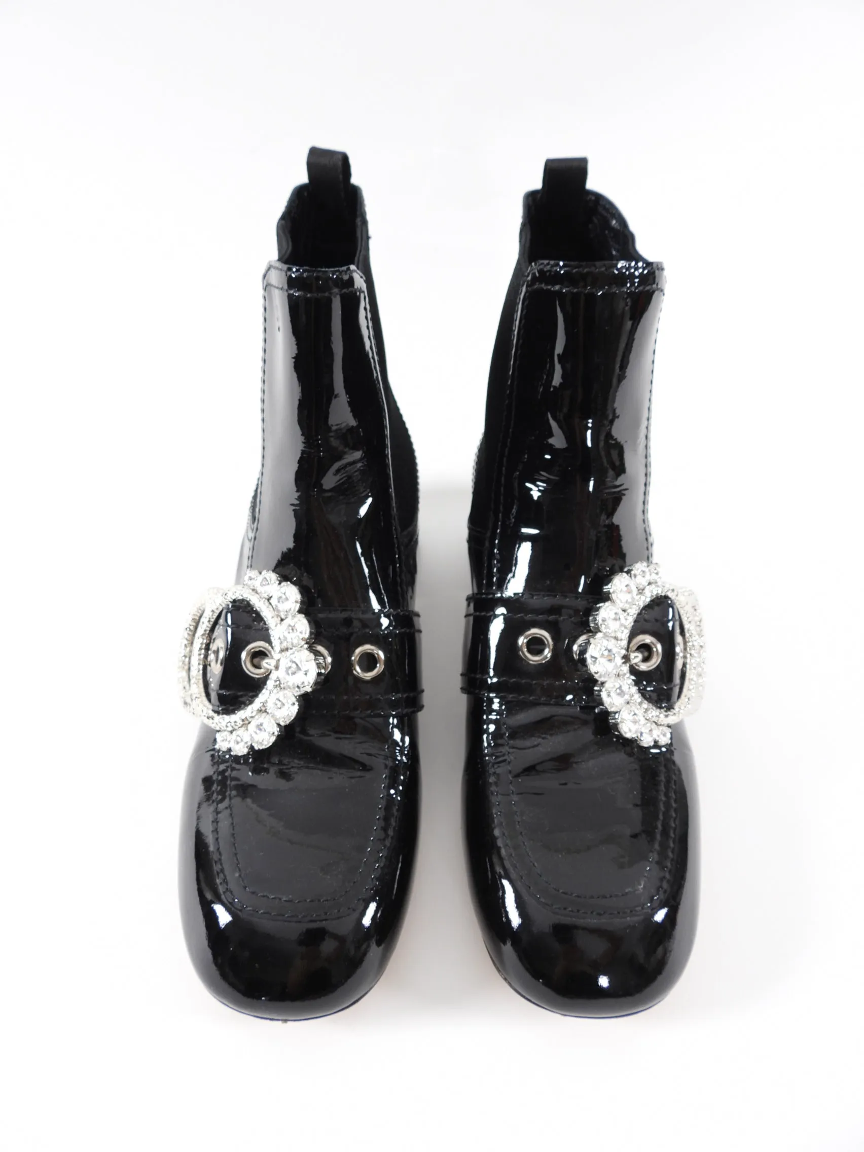 Miu Miu Black Patent Leather Crystal Block Heel Ankle Boots - 37