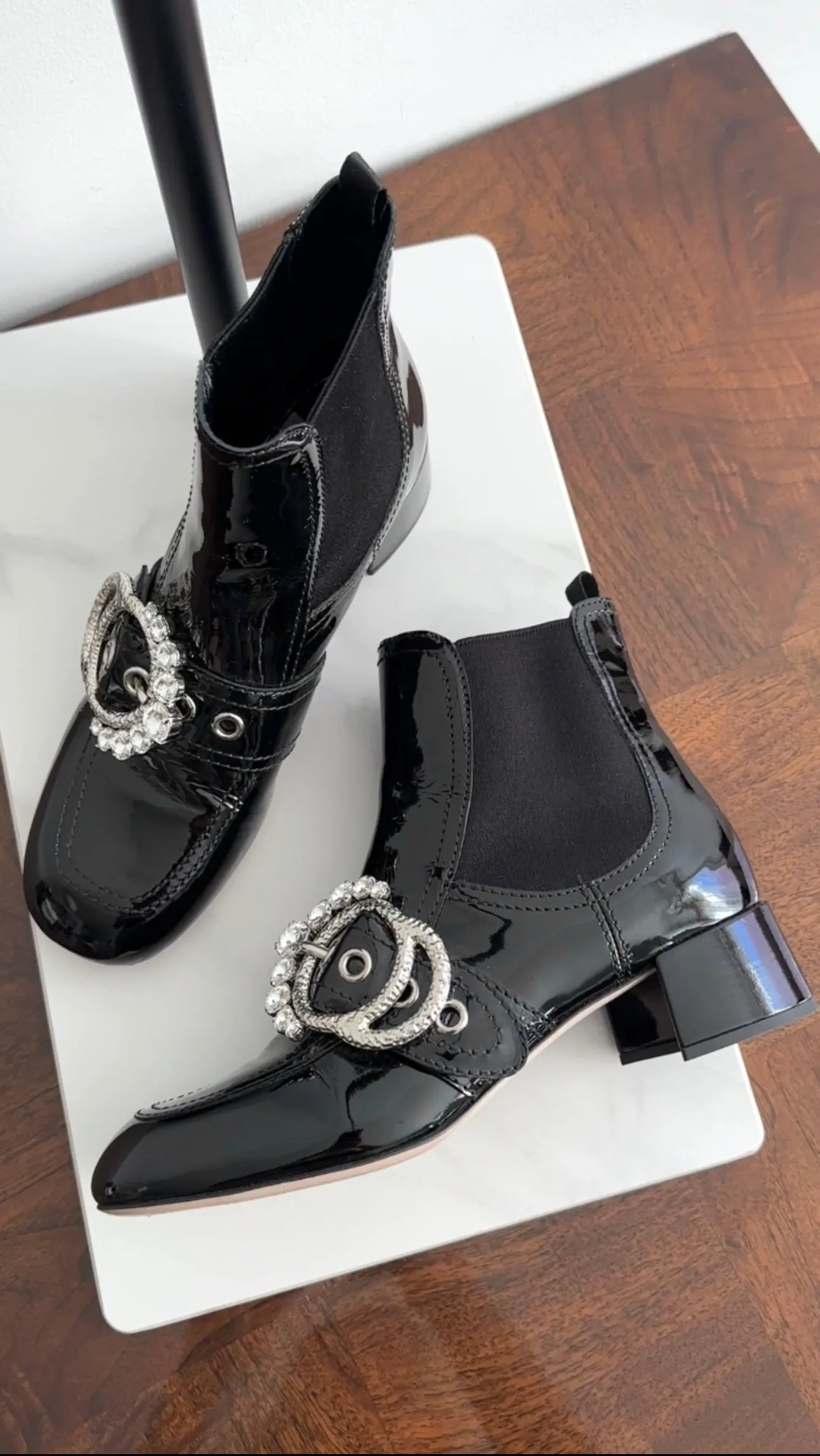 Miu Miu Black Patent Leather Crystal Block Heel Ankle Boots - 37