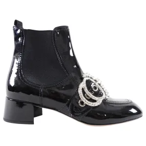Miu Miu Black Patent Leather Crystal Block Heel Ankle Boots - 37