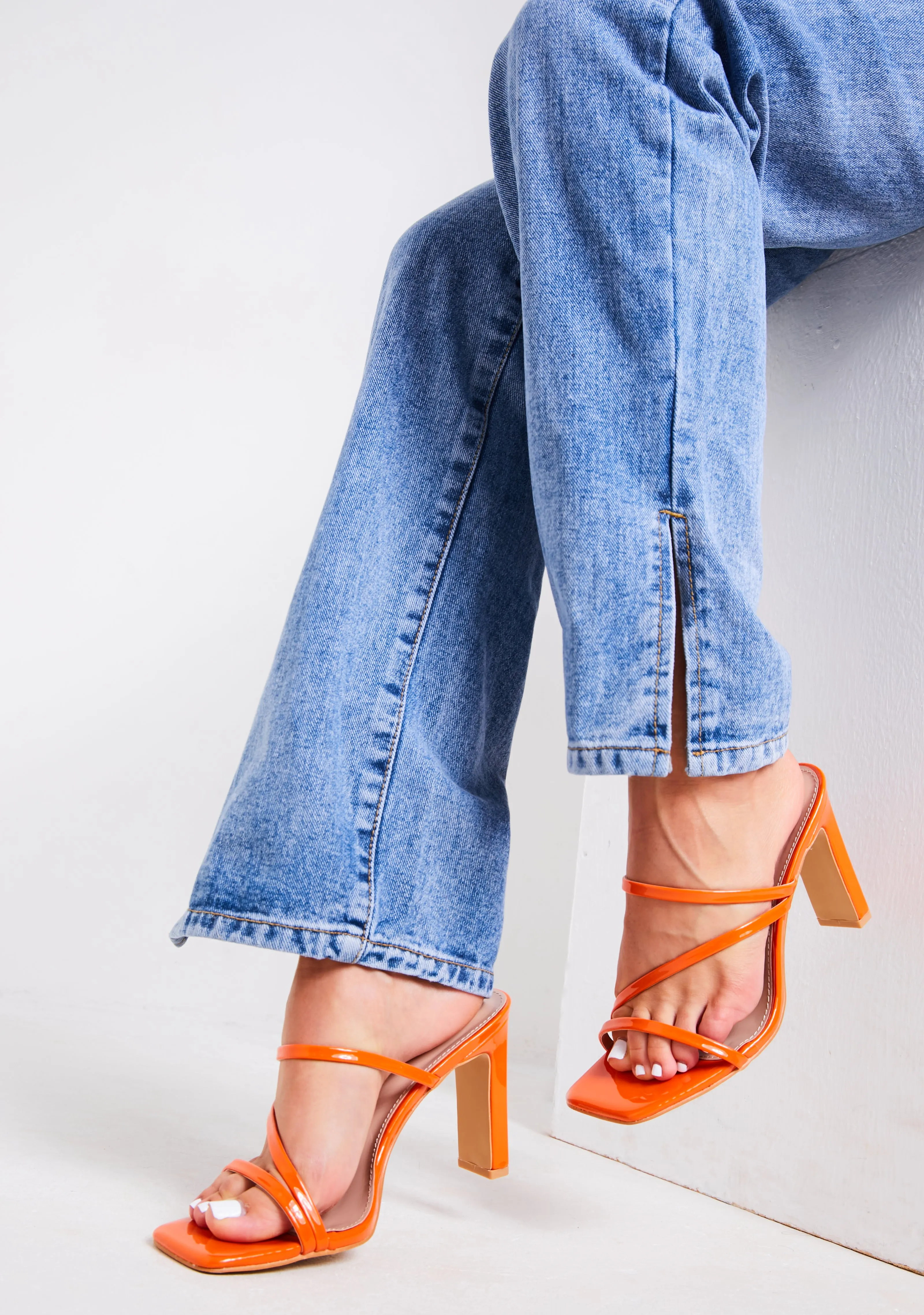Mya Orange Square Toe Strappy Mules