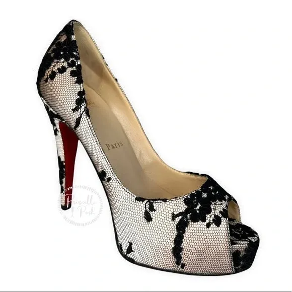 NEW Christian Louboutin Black/Light Pink Lace and Satin Very Prive Peep Toe 36.5