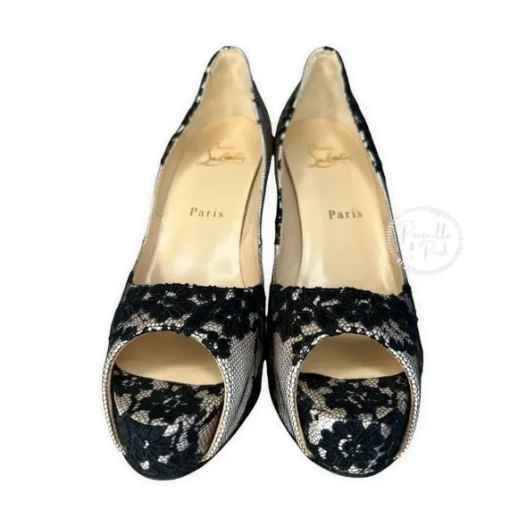 NEW Christian Louboutin Black/Light Pink Lace and Satin Very Prive Peep Toe 36.5