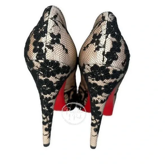 NEW Christian Louboutin Black/Light Pink Lace and Satin Very Prive Peep Toe 36.5