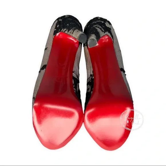 NEW Christian Louboutin Black/Light Pink Lace and Satin Very Prive Peep Toe 36.5