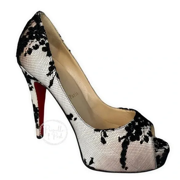 NEW Christian Louboutin Black/Light Pink Lace and Satin Very Prive Peep Toe 36.5