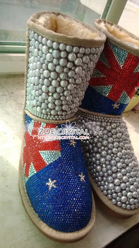 New**England Flag Style WINTER Bling and Sparkly Creamy White Pearls Wool BOOTS w shinning Czech or Swarovski crystals