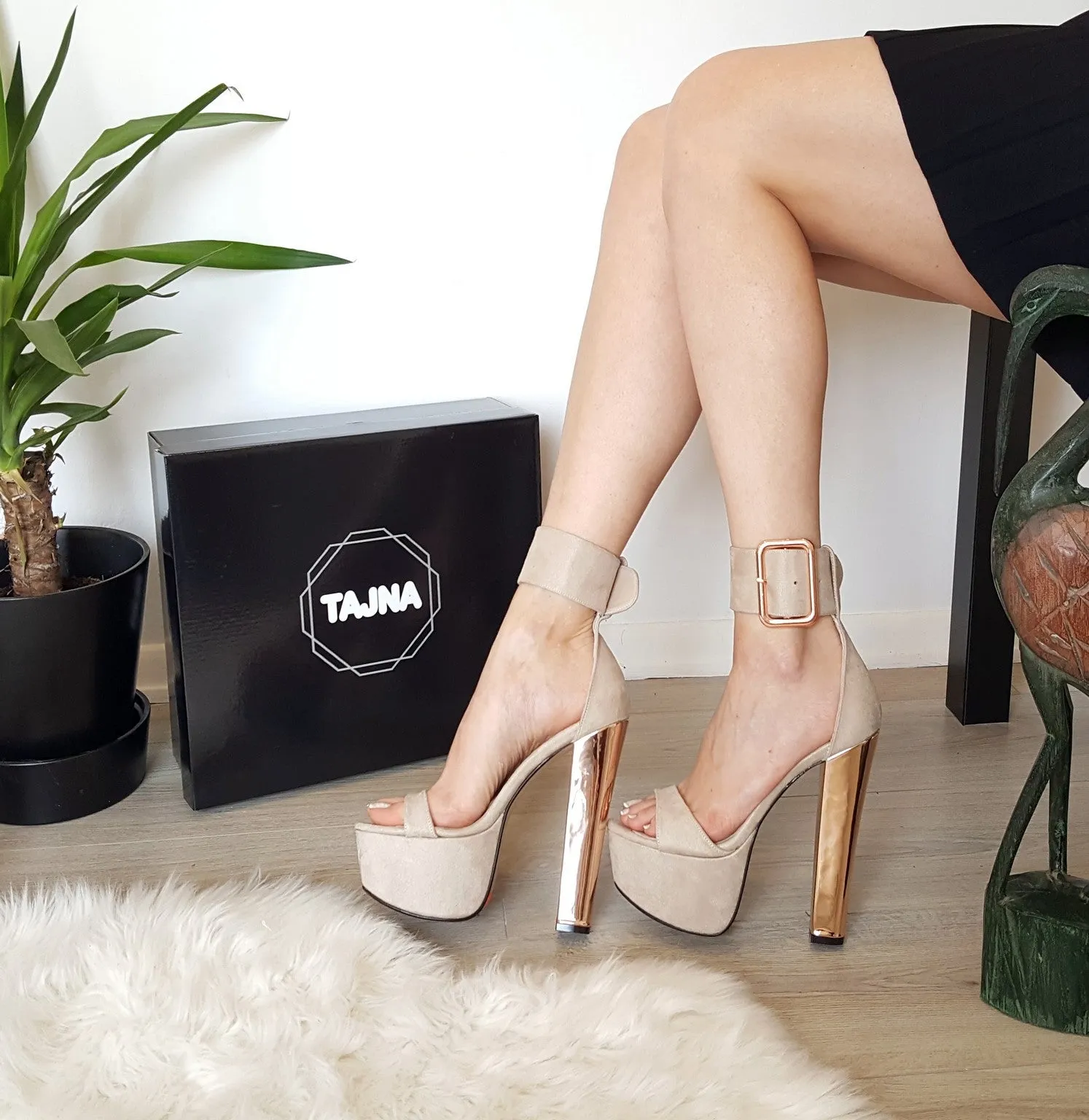Nude Beige Big Belted High Heel Platform Sandals