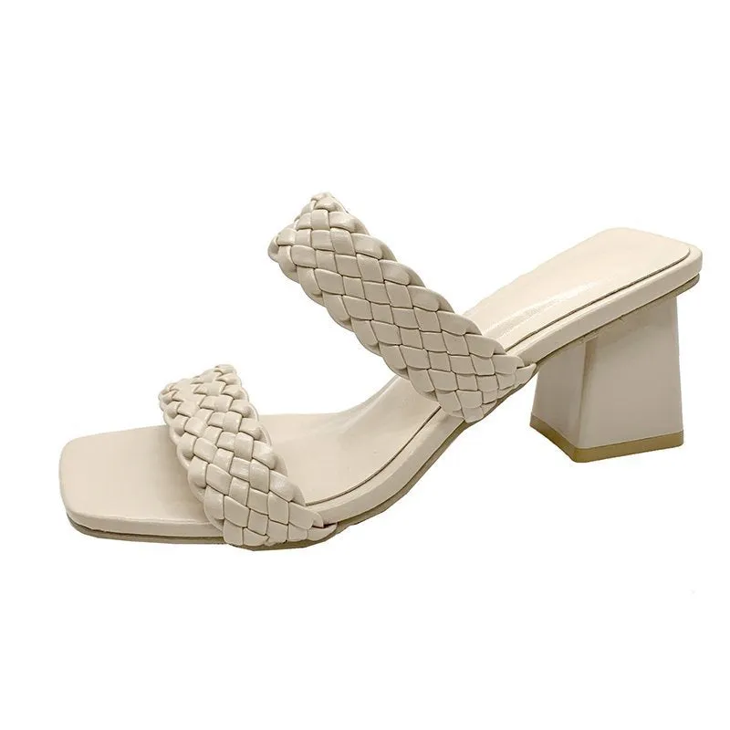 Nude Strappy Block Heels Roman Style Slippers Women's Bohemian Ethnic Style Large Size Thick Heel Women's Shoes