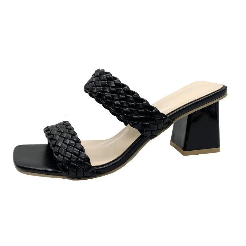 Nude Strappy Block Heels Roman Style Slippers Women's Bohemian Ethnic Style Large Size Thick Heel Women's Shoes