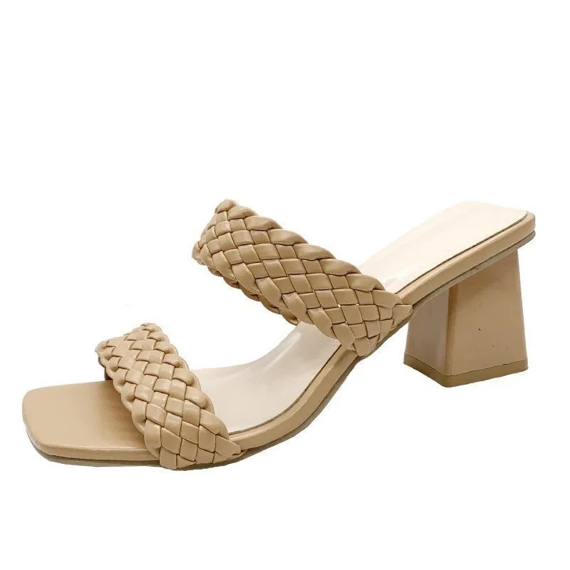 Nude Strappy Block Heels Roman Style Slippers Women's Bohemian Ethnic Style Large Size Thick Heel Women's Shoes