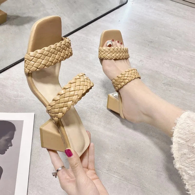 Nude Strappy Block Heels Roman Style Slippers Women's Bohemian Ethnic Style Large Size Thick Heel Women's Shoes
