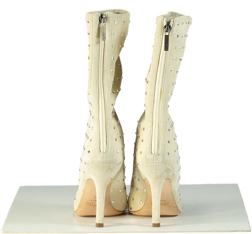 Paris Texas Beige Crystal-Embellished Calf Suede Stiletto Holly Mama Ankle Boots EU 37 UK 4