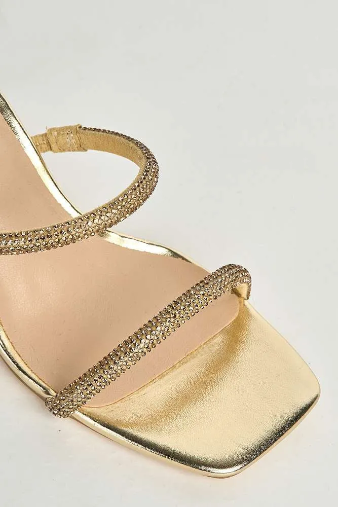Pia 2 Diamante Strap & Flare Heel Mules in Gold