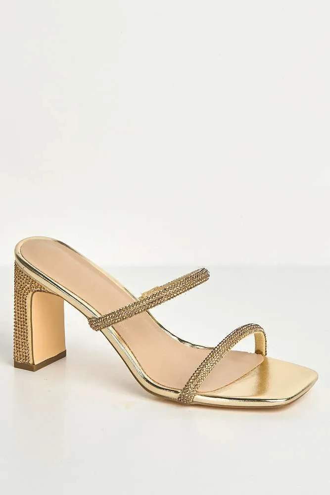 Pia 2 Diamante Strap & Flare Heel Mules in Gold
