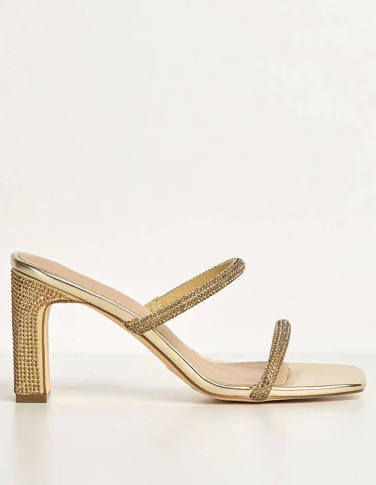 Pia 2 Diamante Strap & Flare Heel Mules in Gold