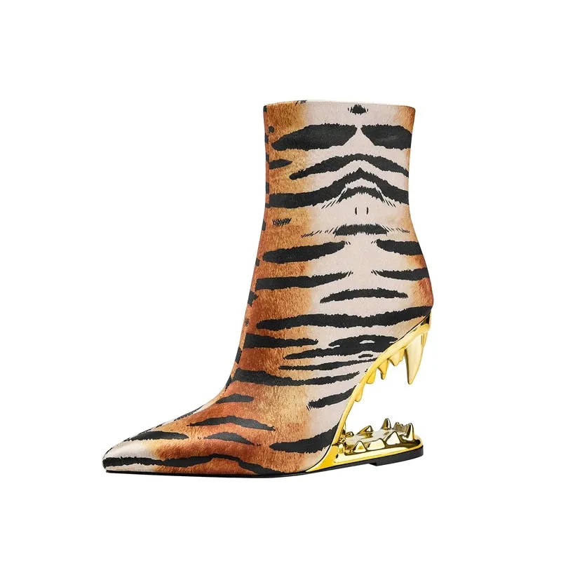 Pointed Wolf Teeth Leopard Pattern High Heel Short Boots