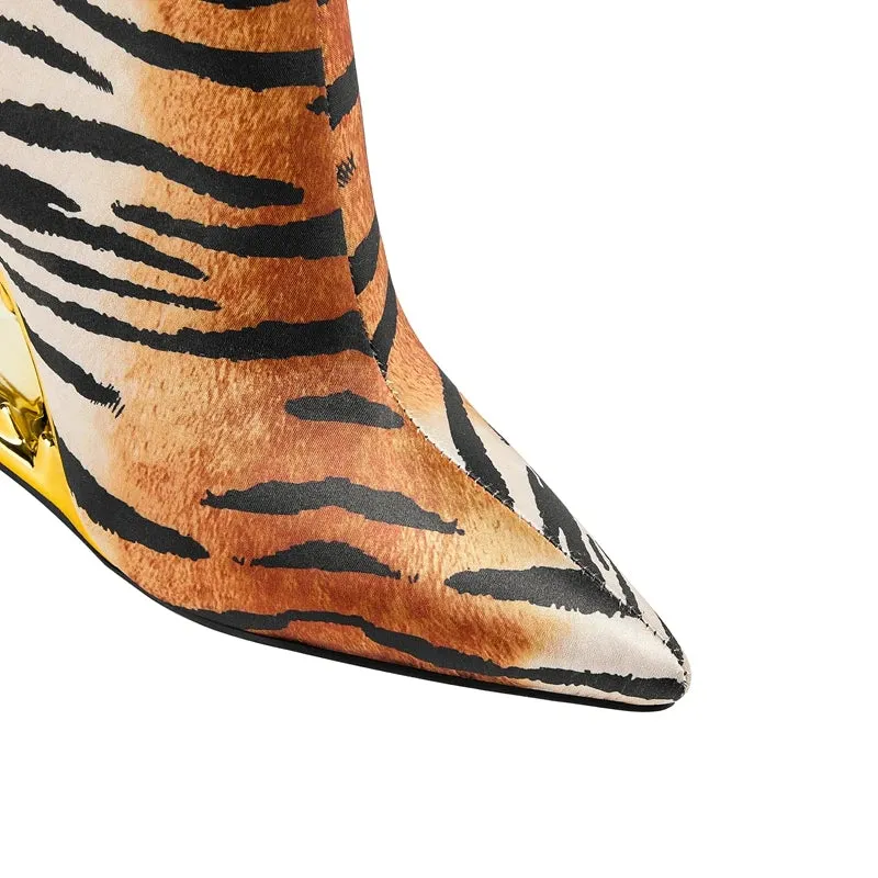 Pointed Wolf Teeth Leopard Pattern High Heel Short Boots