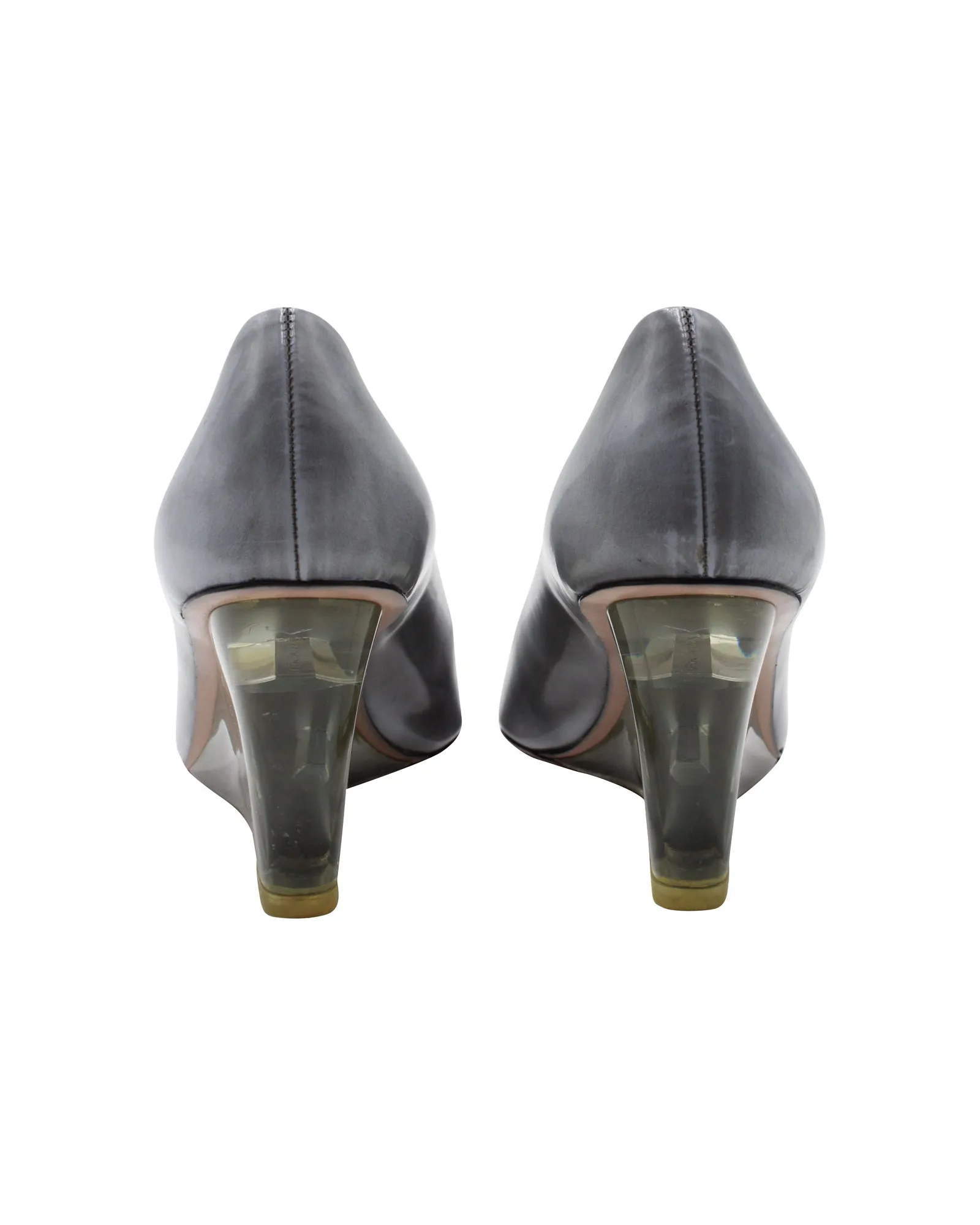 Prada Transparent Wedge Peep Toe Pumps in Grey Leather
