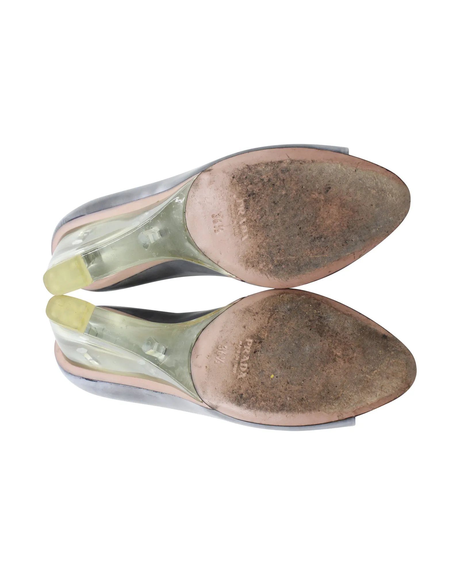 Prada Transparent Wedge Peep Toe Pumps in Grey Leather