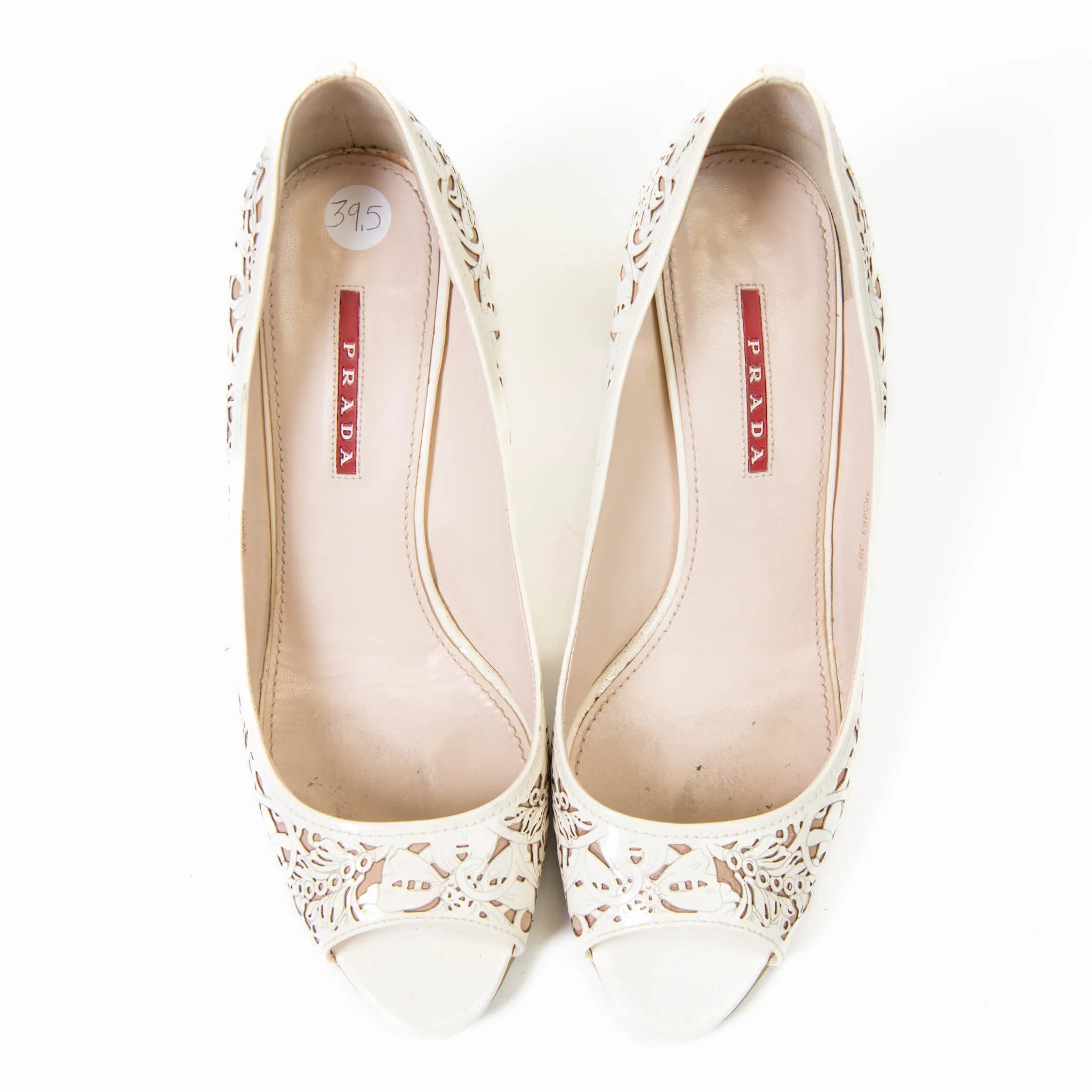 Prada White Patent Leather Floral Laser Cut Peep Toe Pump 39.5