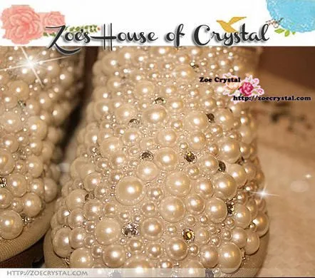 PROMOTION WINTER Bling and Sparkly Creamy White Pearls SheepSkin Wool BOOTS w shinning Czech or Swarovski crystals