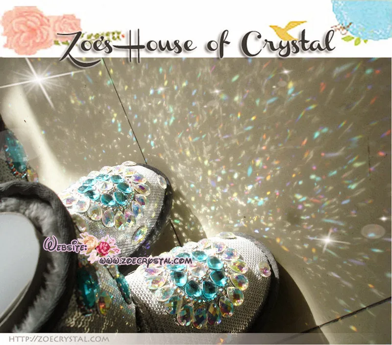 PROMOTION WINTER Blue / Silver Metallic Surface Sheepskin Fleech/Wool Boots with shinning and stylish CRYSTALS