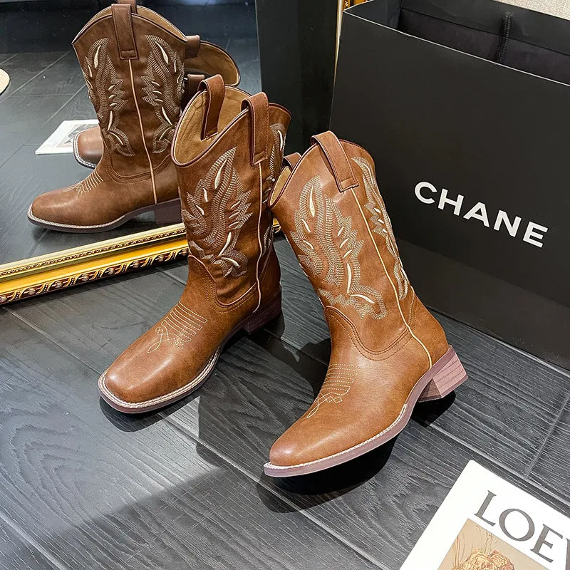 Retro Embroidered Chunky Heel Short Martin Boots