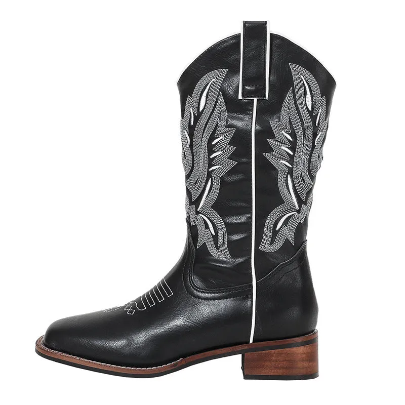 Retro Embroidered Chunky Heel Short Martin Boots