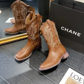 Retro Embroidered Chunky Heel Short Martin Boots
