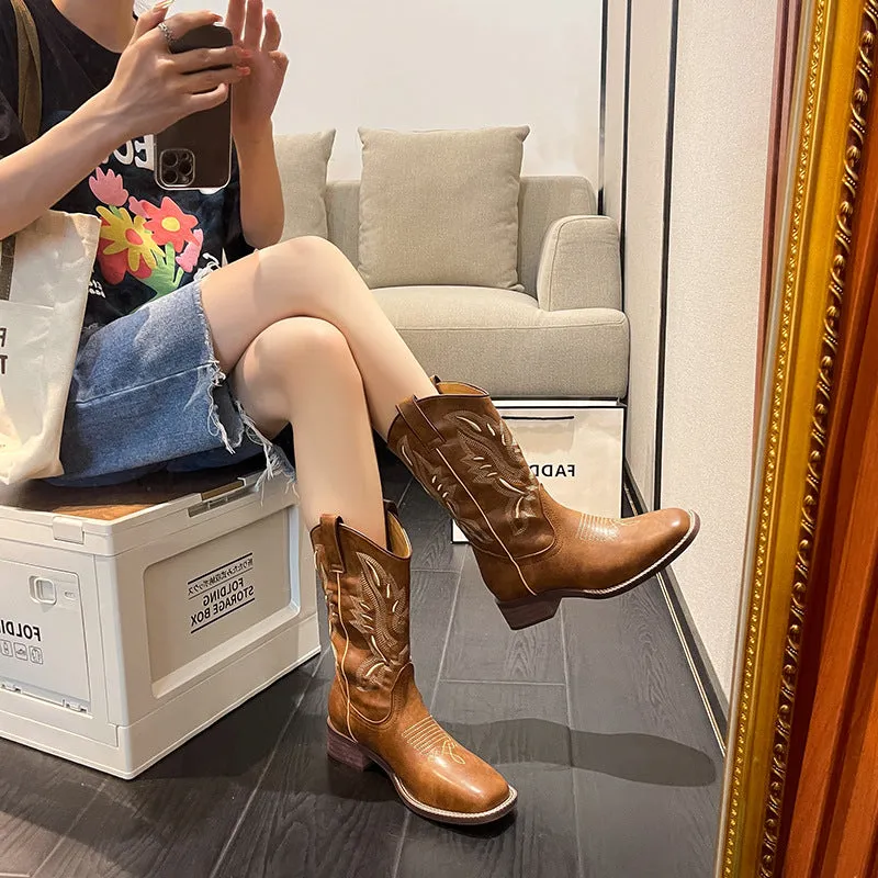 Retro Embroidered Chunky Heel Short Martin Boots