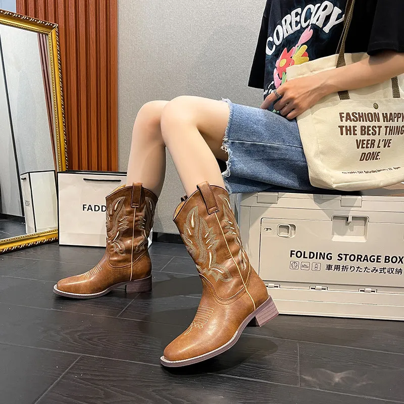 Retro Embroidered Chunky Heel Short Martin Boots