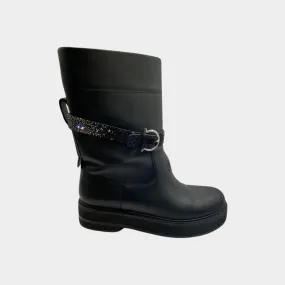 Salvatore Ferragamo black boots with crystal strap