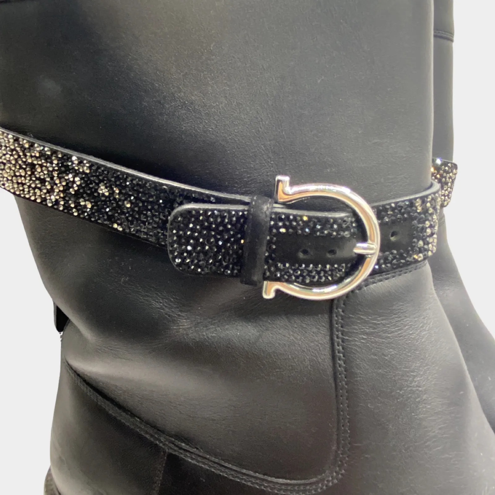 Salvatore Ferragamo black boots with crystal strap