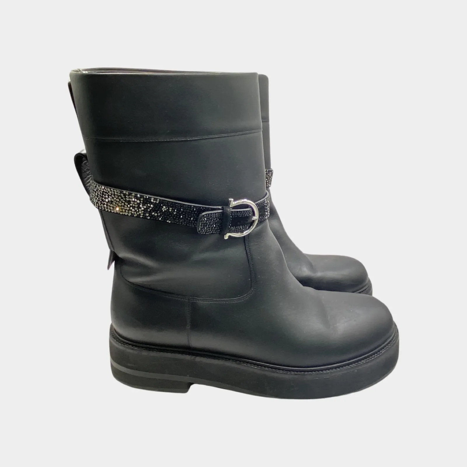 Salvatore Ferragamo black boots with crystal strap