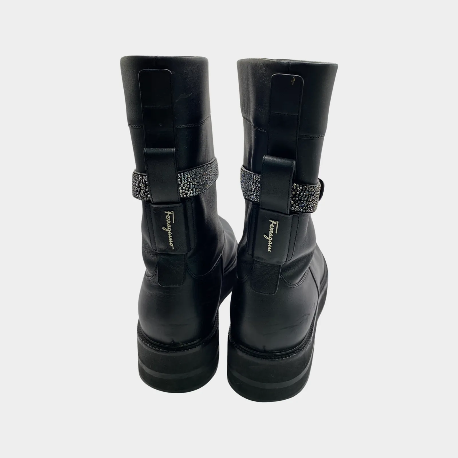 Salvatore Ferragamo black boots with crystal strap