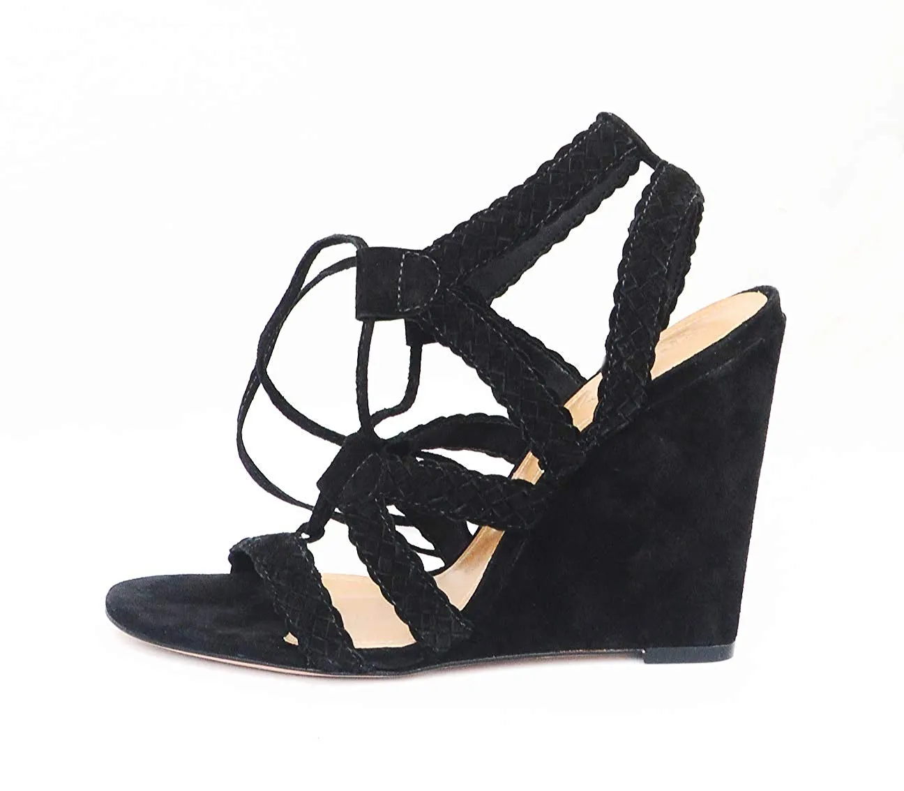Schutz Angus Black Suede Tie Up Wedge Heel Single Sole Dainty Sandals Pumps