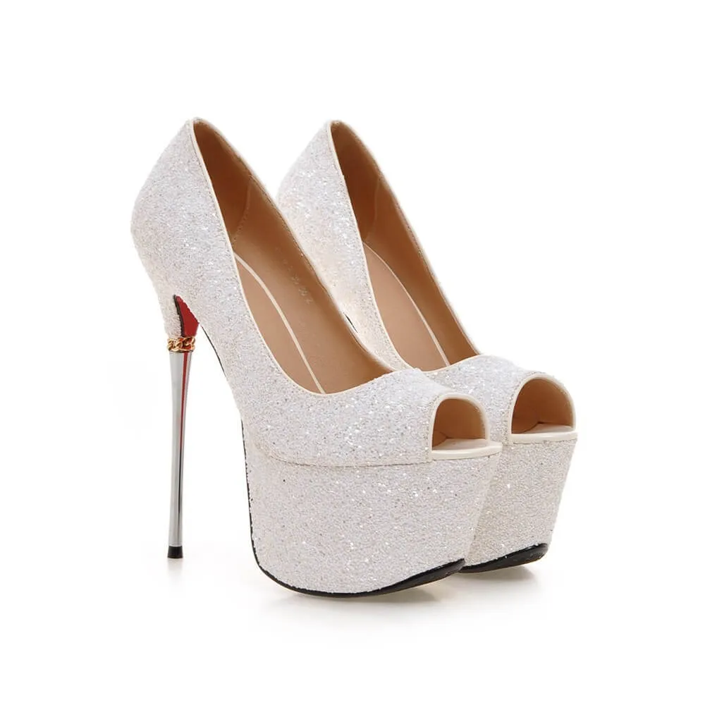 Sequin Platform Peep Toe Strap Pumps
