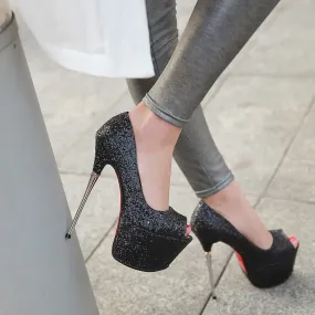 Sequin Platform Peep Toe Strap Pumps