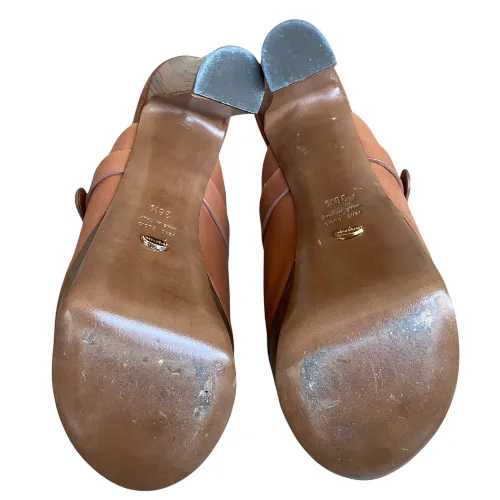 SERGIO ROSSI Brown Leather Open Toe Mules Slide Sandals, Size 38.5