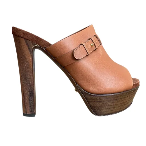 SERGIO ROSSI Brown Leather Open Toe Mules Slide Sandals, Size 38.5