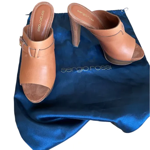 SERGIO ROSSI Brown Leather Open Toe Mules Slide Sandals, Size 38.5