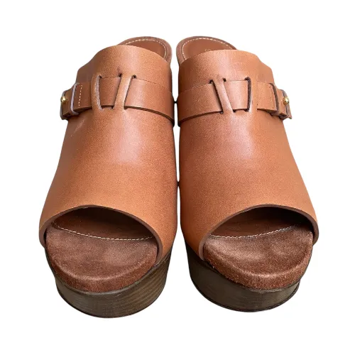 SERGIO ROSSI Brown Leather Open Toe Mules Slide Sandals, Size 38.5