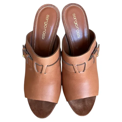SERGIO ROSSI Brown Leather Open Toe Mules Slide Sandals, Size 38.5